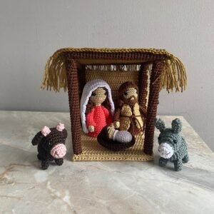 Pesebre tejido, 6 piezas con casita