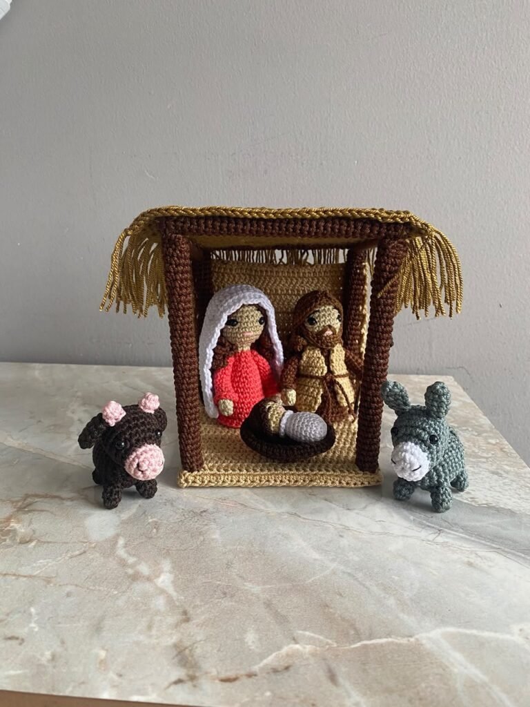 Pesebre tejido, 6 piezas con casita